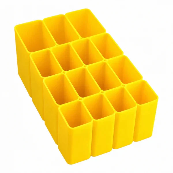 A bright yellow silicone organizer tray with multiple square compartments, shown on a plain white background.